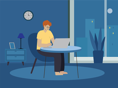 Man working on laptop from home at night. art cartoon girl cartoon office character design character sitting clock computer desk designer desk graphic design home office illustration infographics office flat work from home