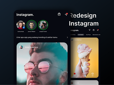 Redesign Instagram app design creative creative design dark mode dark theme dark ui figma figma design instagram redesign ui ui ux ui design ui ux design uidesign uiux
