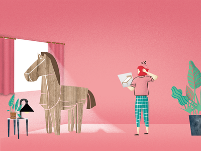how to build a bed? bed character design editorial illustration trojan horse woman