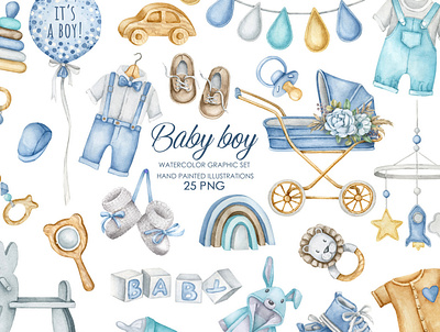 Watercolor baby boy illustrations baby shower clipart design graphic design handdrawing illustration invitations logo stickers typography watercolor