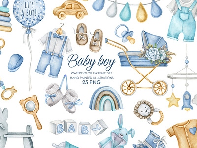 Watercolor baby boy illustrations