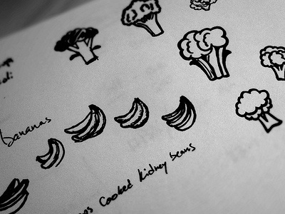 Bananas & Broccoli black and white doodle fruit icon pen ink vegetable