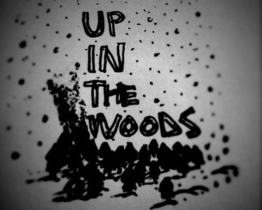 Up in the Woods black bon iver bw cabin doodle grey ink pen sketch snow white winter woods