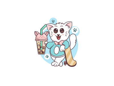 Cute Kawaii Cat With Boba Drink