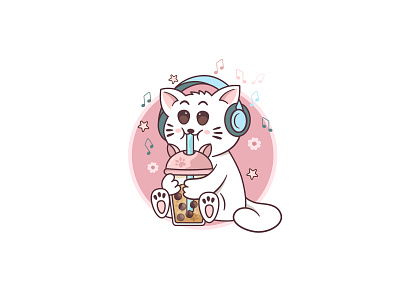 Playful Kawaii Cute Cat Eating Bubble Drink