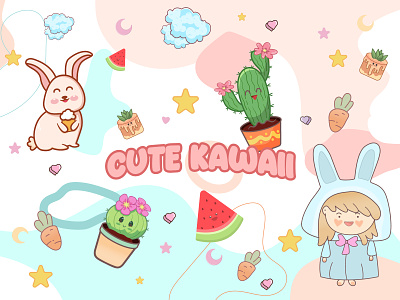 Cute Kawaii Character Illustration animation bunny cactus chibi coloring book cute cute face graphic design illustration illustrator kawaii kawaii animal kawaii food kids love motion graphics playing sticker ui vector