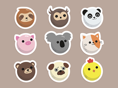 Stickers art bear cat characters chicken design illustration koala owl panda piggy pug sloth stickers vector