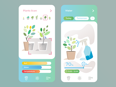 Plants care 2d app design care health leaf plants ui water