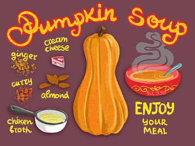 Рumpkin soup recipe art childish comic cook cooking design drawing illustration pumpkin recipe soup
