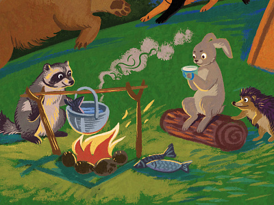 At the campfire bunny campfire fire fish hare hedgehog outdoor picnic raccoon woods