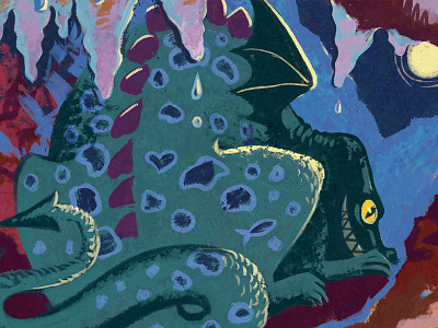 A dragon cave dino dinosaur dragon illustration moon mountain night stalactite