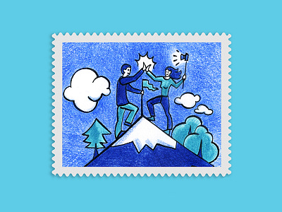 Give me five climbing extreme five hiking man mountain nature selfie sky stamp woman
