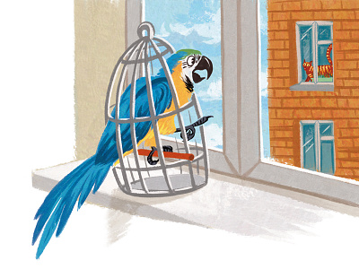 A parrot apartment bird cage cartoon cat childish childrens harrot house sky window
