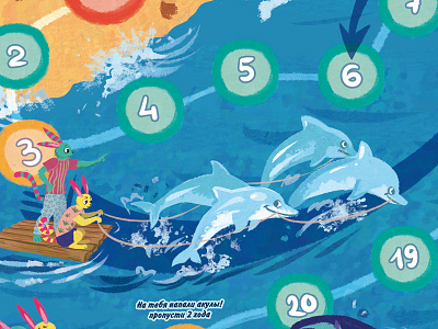 Dolphinses power! adventure boardgame caricature character childish comic dolphin fish illustration journey raft sea