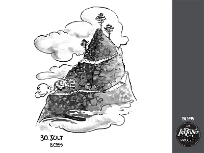 Day30 Inktober Jolt bus bw car cloud comic hairpin turn hill illustration ink inktober inktober2018 jolt landscape mountain tree