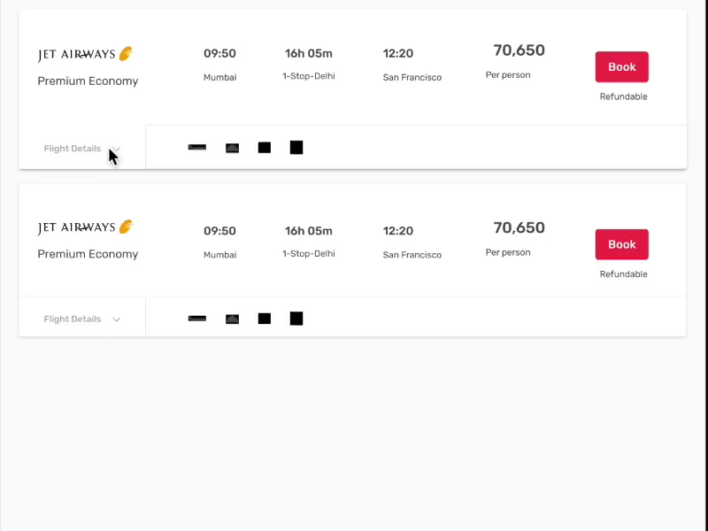 Invision Prototype: Card Expansion button red expand travel flight format design card prototype