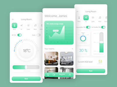 Smart Home App Concept air conditioning air purifier app concept dashboard dashboard ui design dial dials energy usage graph home mobile smart smart home smart home app temperature ui ux uxui