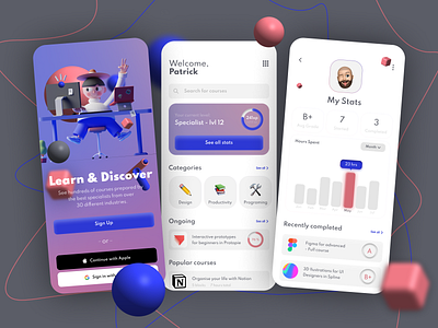 Online Learning App Sign Up and Dashboard UI 3d app concept dashboard design mobile onboarding online course online learning sign up ui user profile ux uxui