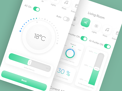 Smart Home AC and Air Quality Manager air conditioner air purifier air quality app clean clean ui concept design green mobile shadows simple smart home smart home app temperature ui ux uxui