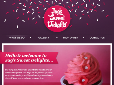 Jag's Sweet Delight Website {top} cakes candy home page pink purple script sweets website welcome