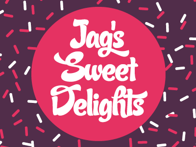 Jag's Sweet Delights brand logo purple pink bright sprinkles vector illustrator type 100s and 1000s design circular candy script candy script