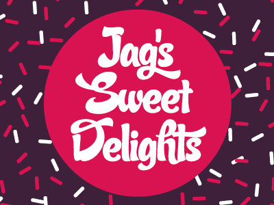 Jag's Sweet Delights 100s and 1000s brand bright candy candy script circular design illustrator logo pink purple script sprinkles type vector