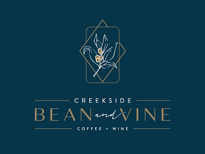 Primary Stacked Logo: Creekside Bean + Vine badge logo coffee beans coffee logo coffee shop diamond logo feminine logo fine line logo floral illustration gold hand illustrated modern modern type navy sanserif type winery