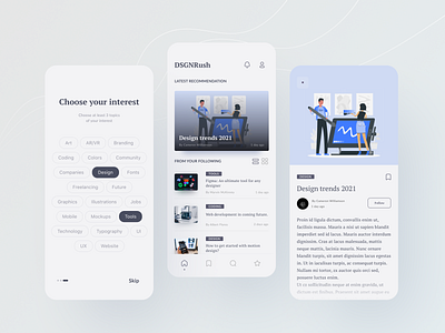 DSGNRush - Article reading app app application design mobile ui ui ui design ui ux designer uiinspirations uiux user interface user interface design