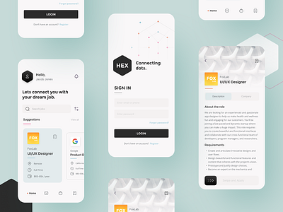 HEX The Job Finder app. app application design design figmadesign interface mobile ui ui designer uiinspirations uiux user interface