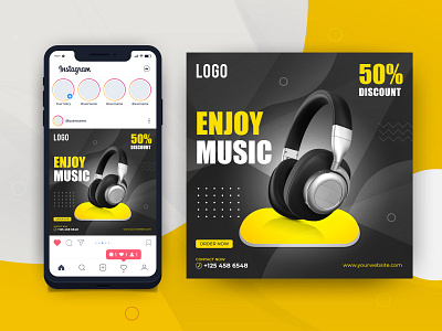 Headphone Ad social media post design template ads banner business design discount facebook post graphic design headphone headst instagram post marketing music offer post sale social social media banner social media post sound vector