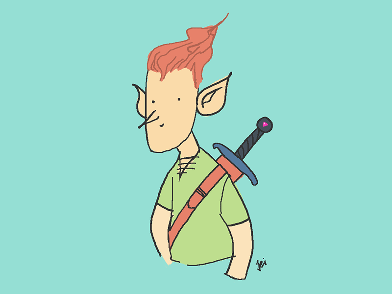 Elf dude with sword and red hair animated character elf heart medieval pastel sword