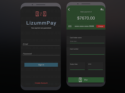 Payment Dark-theme (From Mobile App UI on Unity Asset Store) graphic design ui