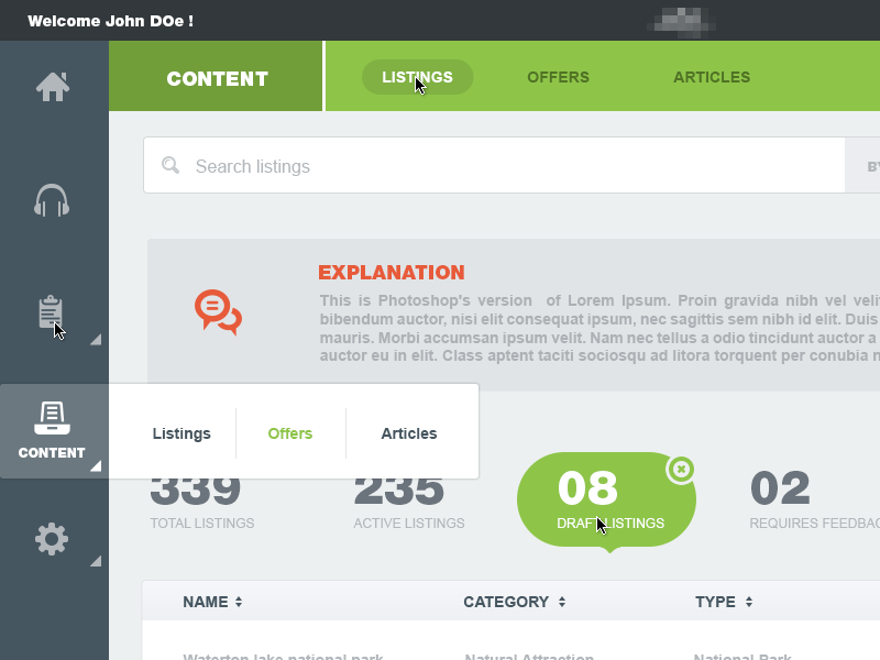 Dashboard - Flat flat dashboard content trips experience software design agency me green round offers articles explanation help table grey