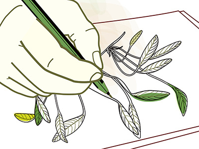 Pen digital illustration green hand illustrative design leaves line art vector