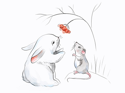WINTER TALE illustration berry children cold digital illustration kids livacabule minimalistic mouse rabbit snow tale watercolour white winter