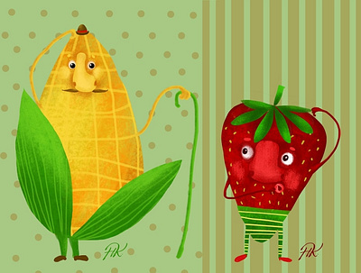 A corn and a strawberrie children children book illustration design typography