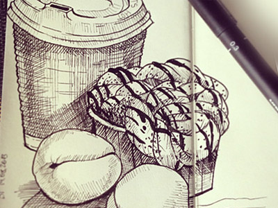 Coffee, muffin and two apricots art drawing ink moleskine pen sketch