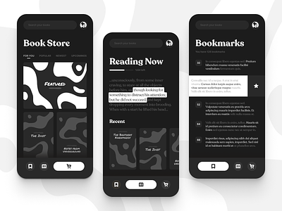 Mobile Reading App UI app ui blackandwhite book book store bookmark bw clean dark mode mobile app design night reading typogaphy ui user experience ux