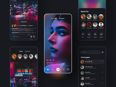 Mobile Social Media App UI app ui blur clean comment dark mode explore feed glow live message mobile social media story user experience ux video