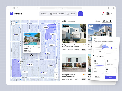 Vacation Rental Web App clean filters guest holiday hotel house list map map design property rent rental tourism trip ui ux vacation web app web design