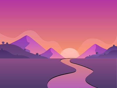 Sunset adobexd blur colour design dribbble gradient gradients graphic design hills illustration land mountain mountains purple river sky sun sunset trees