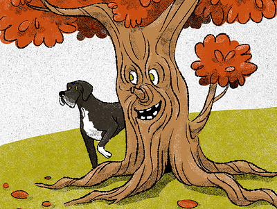 Hello there autumn childrens illustration digital illustration dog great dane gritty illustration retro retro illustration tree
