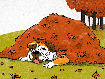 Hard at work autumn autumn leaves childrens illustration digital illustration dog english bulldog illustration retro retro illustration