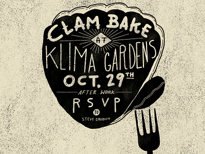 Quick Clam Bake Invite Flyer clam fork grunge illustration lettering silhouette texture typography