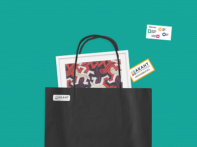 Bag and cards for Akant framing studio. corporate identity escher framing logo