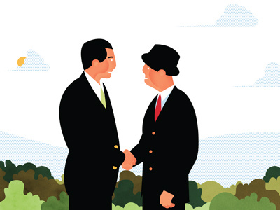 Handshake business clouds handshake hat illustration men park plan suit tie trees