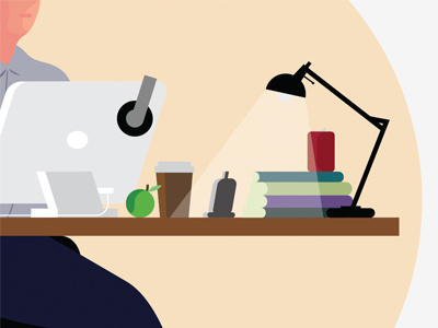 Desk apple books coffee computer desk editorial headphones illustration lamp work