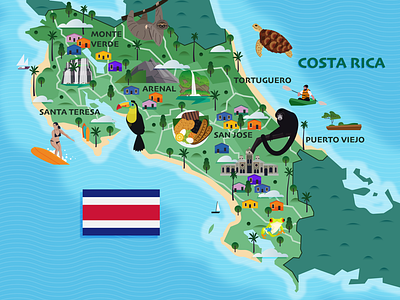 Map of Costa Rica costarica illustration map sloth surf toucan travel volcano