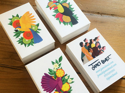 New business cards birds business cards fruit hummingbird illustration james boast parrot people promo toucan tropical