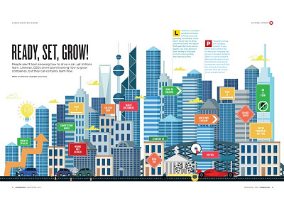 Ready, Set, Grow! Double pg spread for uniSA Magazine business city double editorial grow growth illustration magazine page